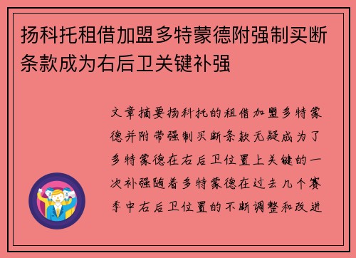 扬科托租借加盟多特蒙德附强制买断条款成为右后卫关键补强 扬科托租借加盟多特蒙德附强制买断条款成为右后卫关键补强
