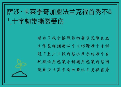 萨沙·卡莱季奇加盟法兰克福首秀不幸十字韧带撕裂受伤 萨沙·卡莱季奇加盟法兰克福首秀不幸十字韧带撕裂受伤