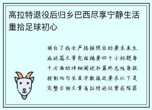 高拉特退役后归乡巴西尽享宁静生活重拾足球初心 高拉特退役后归乡巴西尽享宁静生活重拾足球初心